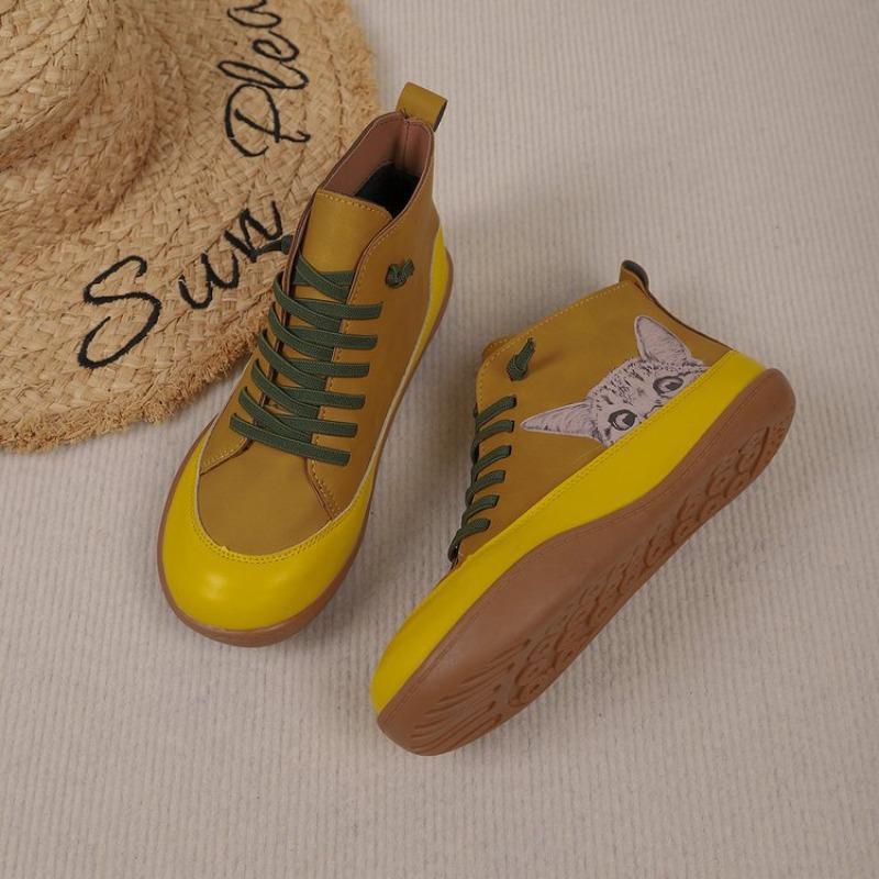 Botas Femininas Plus Size Estampa de Gato Cano Curto Salto Baixo Cadarço Moda Confortáveis Todas as Estações Primavera Outono