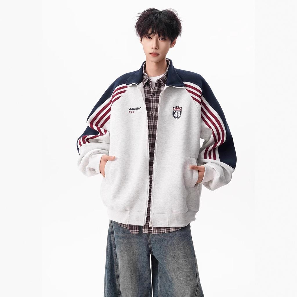 American striped contrasting stand-up collar men's trendy brand college style loose casual versatile sports cardigan Wei jacket