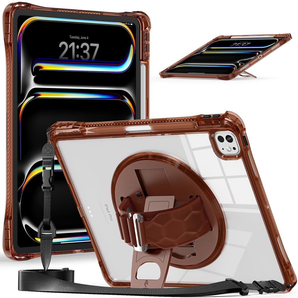 For iPad Pro 13 (2024) Kickstand Case Hand Strap PC+TPU+Acrylic Cover with Shoulder Strap