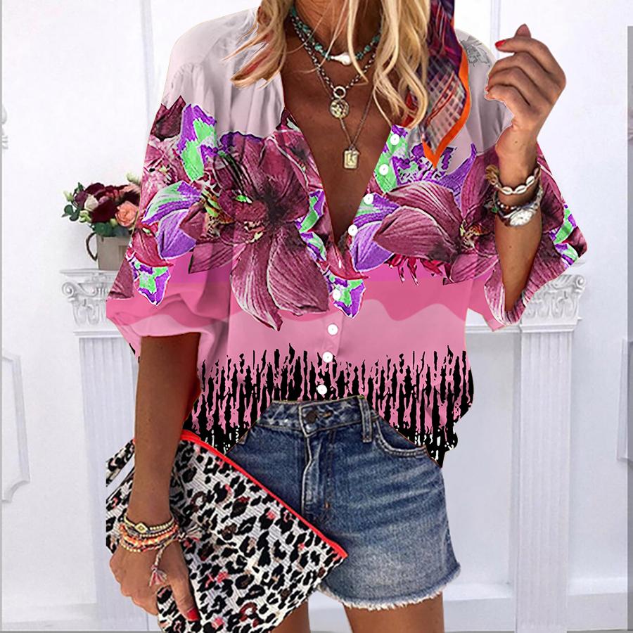 2023 sommer Herbst Neue Mode frauen Tops Schöne Weiße Lotus Blume. Bedrucktes, halblanges, lässiges Button-Down-Hemd in Übergröße mit Ballonärmeln