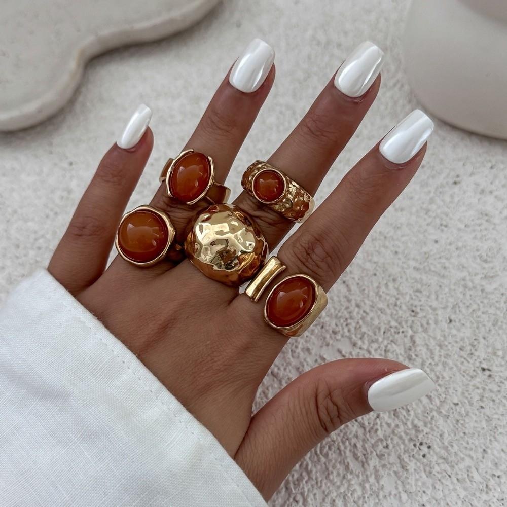5pcs/7pcs Irregular Chunky Smooth Rings Vintage Retro Metal Ring  Matchable Jewelry