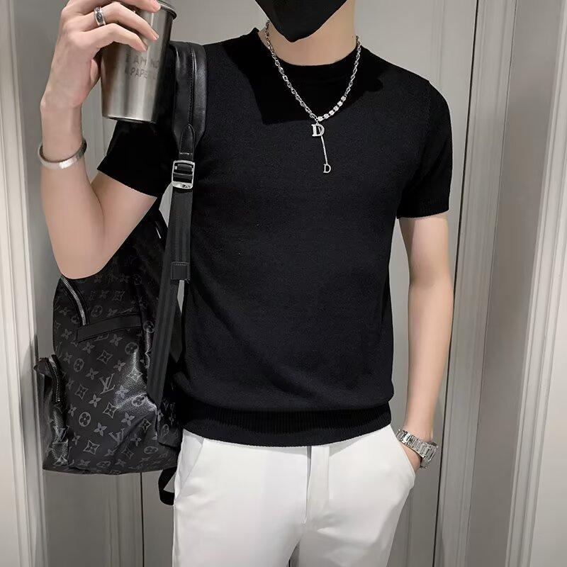 Knitted Sweater T-Shirt Men'S Short-Sleeved Korean Version Slim-Fitting Inside Trendy Knitted Bottoming Shirt Half-Sleeved T