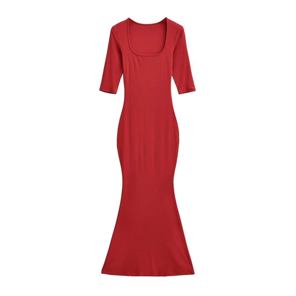 Spicy Girl Slim-Fit Trapezoid Neck Mid-Sleeve Fishtail Dress - Waist-Cinching, Figure-Flattering Skirt