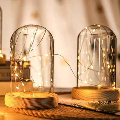 Glasskuppel Trebase Med LED-lys Landskapsvase Tørket Blomst Klokke Deksel DIY