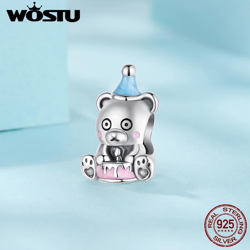 WOSTU Sweet Girl Jewelry Gift 925 Sterling Silver Birthday Cake Bear Charm Pink Telephone Bead Perfume Bottle Pendant Necklaces