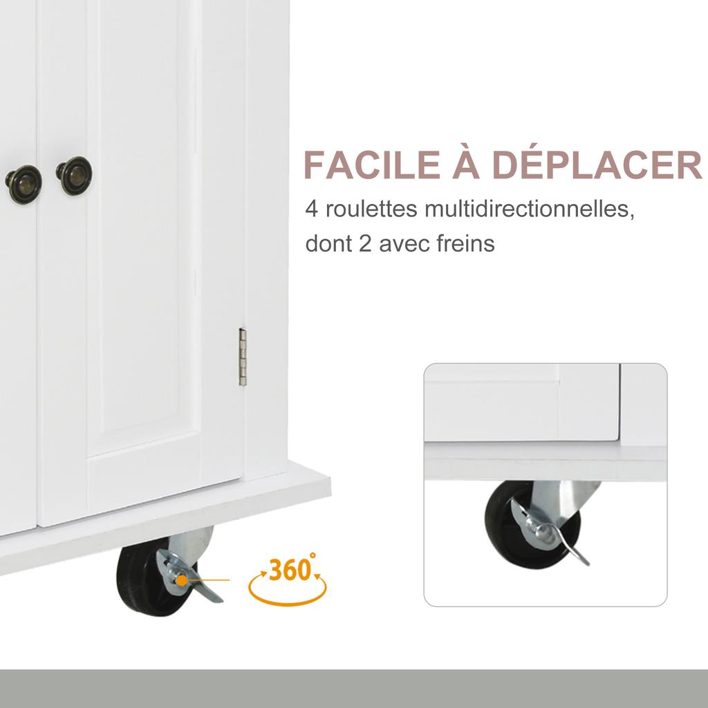 Kitchen Island Trolley Multi-Storage 2 Drawers 2 Cupboards 2 Doors with Shelf Bottle Rack Towel Rack and Adjustable Shelf MDF White Rubberwood