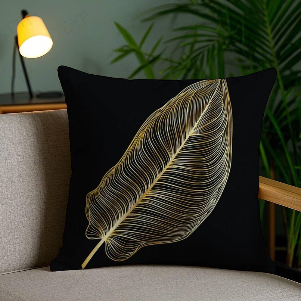 Kissenbezug mit goldenem Blatt- und Zweigmuster Milbendichter Kissenbezug Unsichtbarer Reißverschluss Seidiger Kurzplüsch Sofakissenbezug