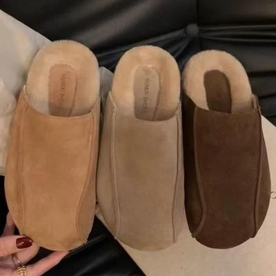 2025 Autumn/Winter New Style One Step Flat Bottom Versatile Casual Retro Baotou Half Slippers Women's Hairy Slippers