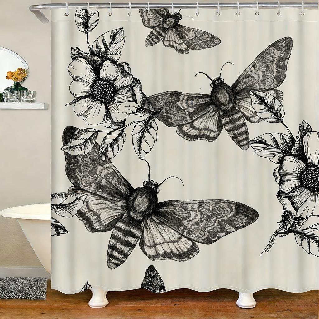 Vintage Moth & Floral Sketch Waterproof Shower Curtain for Bathroom Decor
