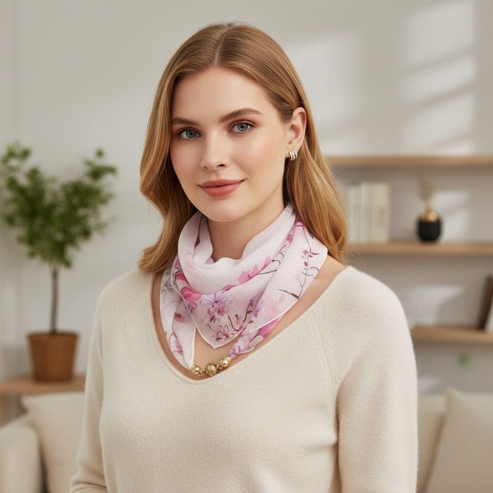 Elegant Luxury Floral Print Silk Scarf Magnetic Buckle Neck Covers Scarf Neck Decorative