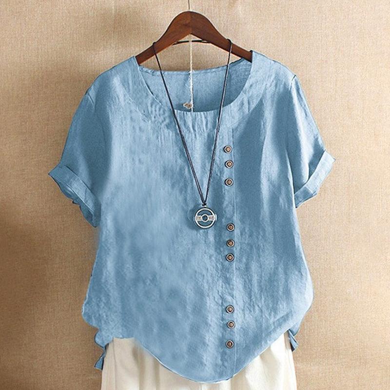 

Літня футболка з круглим вирізом великого розміру, повсякденна, вільного крою, жіноча, з коротким рукавом, великого розміру, прості модні топи, елегантна офісна жіноча базова блузка на ґудзиках, одяг M бежевий