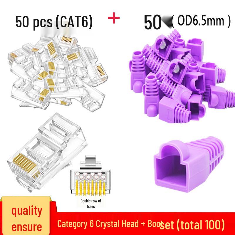RJ45 Boot 50-Piece Set: Gold-Plated CAT6 Crystal Head & Network Cable Rubber Boots - 100 Pieces Total