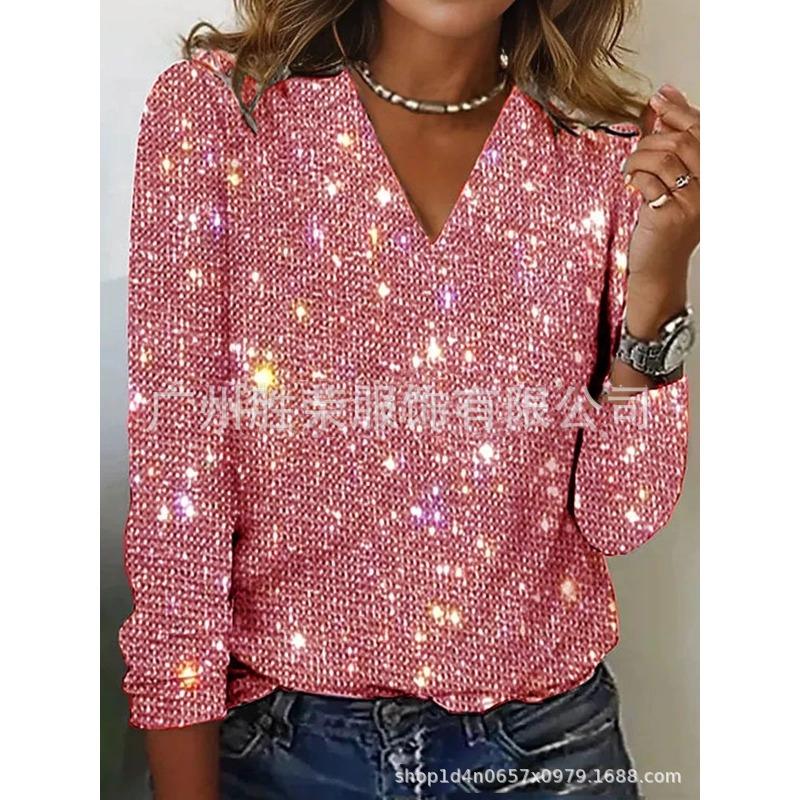 Women S Long Sleeve V Neck Sequined Pullover T Shirt