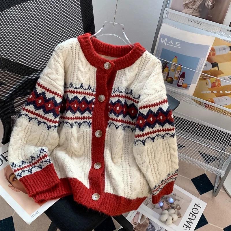 

Ретро Красный Рождественская Атмосфера Одежда Свитер Верхняя Одежда Женская Осень и Зима 2024 Новый Свободный Ленивый Вязаный Кардиган XL