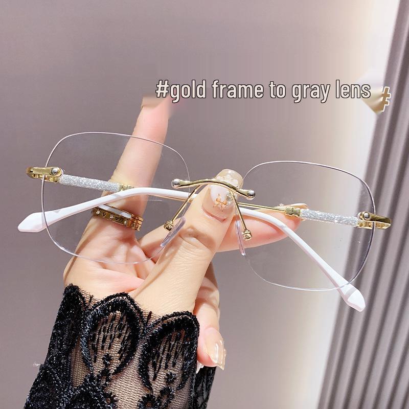 High-End Women's Blue Light Blocking Frameless Myopia Glasses with Color-Changing Starry Sky Design