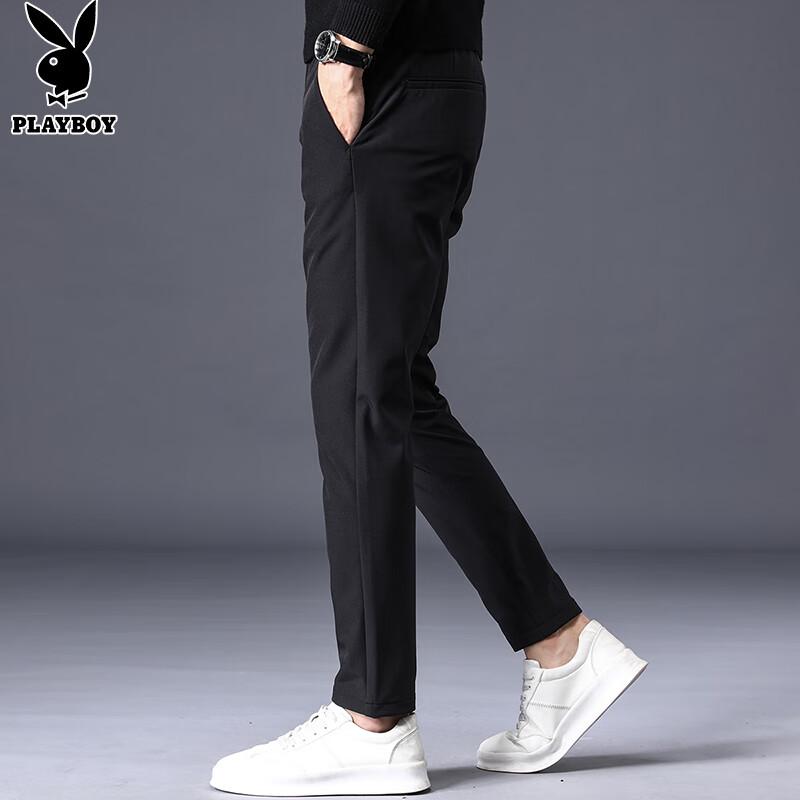 PLAYBOY Casual Pants for Men, Spring And Summer Trousers, Business Slim-Fit Trendy Elastic Long Pants, Black, Size 29