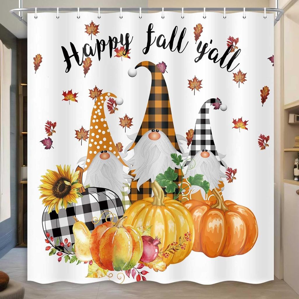 Fall Shower Curtain Set - Autumn Sunflower Pumpkin Gnome Design, Waterproof Farmhouse Bath Decor with 12 Hooks, 71x71 Inch
