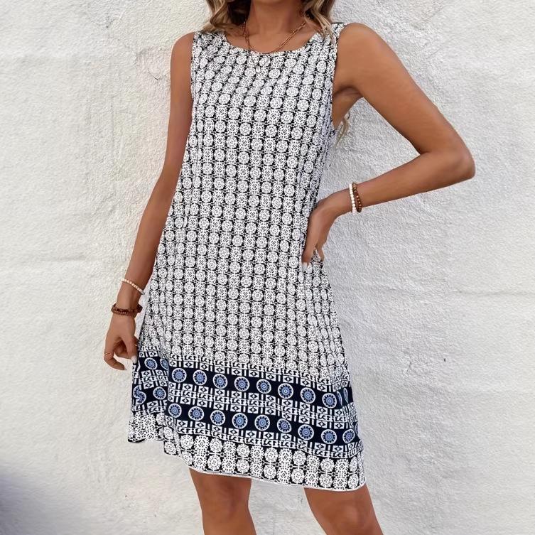 European & American Summer Plaid Print Casual Round Neck Dress for Women