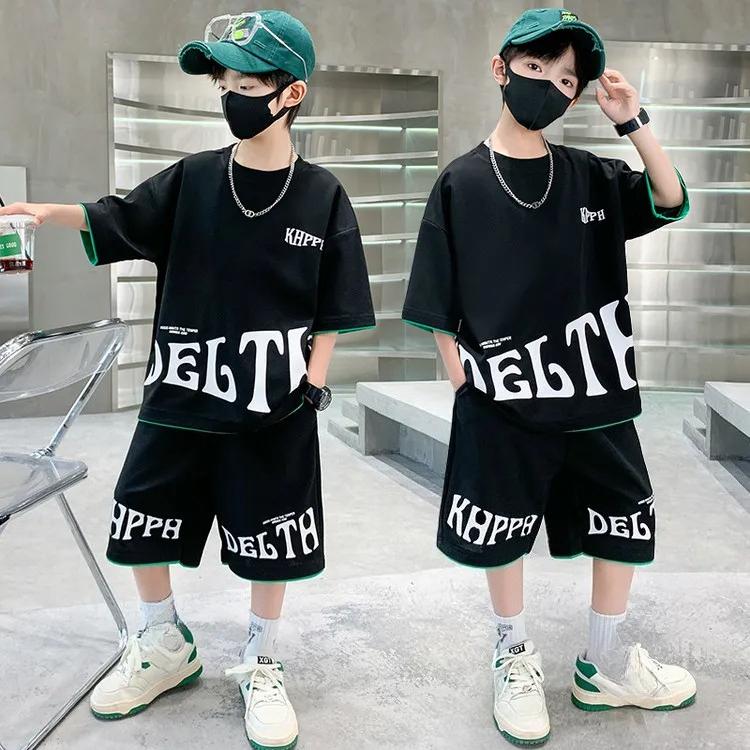 Children Summer Clothing Set for Boys Letter Print Sport Suit Kids Teenager Cotton Outfits Casual Short Sleeve Tracksuit Costume