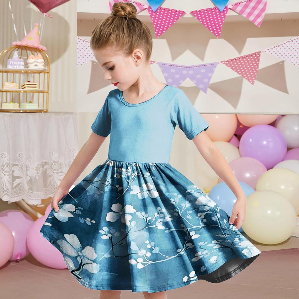 Girl Summer Dress Toddler Skater Dress Color Short Sleeve Casual A-Line T-Shirt Dress