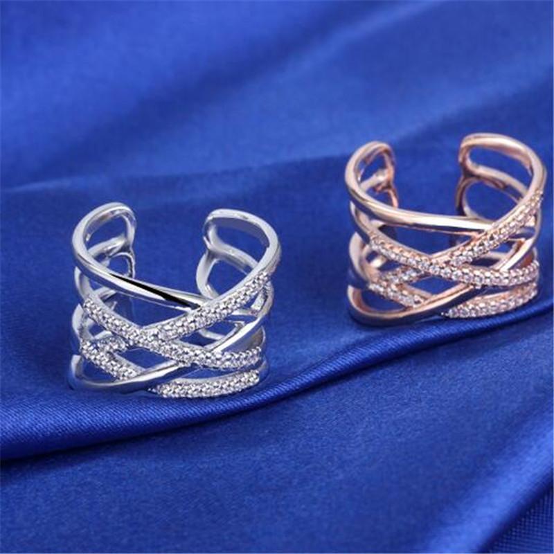 Korean 925 Silver Opening Rings Multi-layer Line Cross Mosaic Zirconia Rings For Women Jewelry S-r243