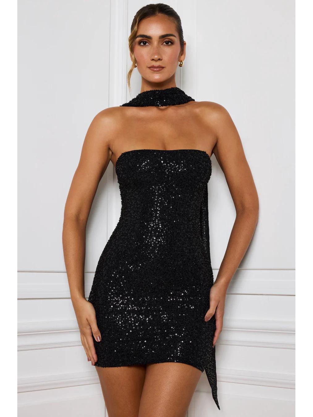 

Элегантное мини-платье с открытыми плечами и пайетками в европейском и американском стиле 2024 года с лентой - Сексуальная, шикарная вечерняя одежда для женщин S чёрный