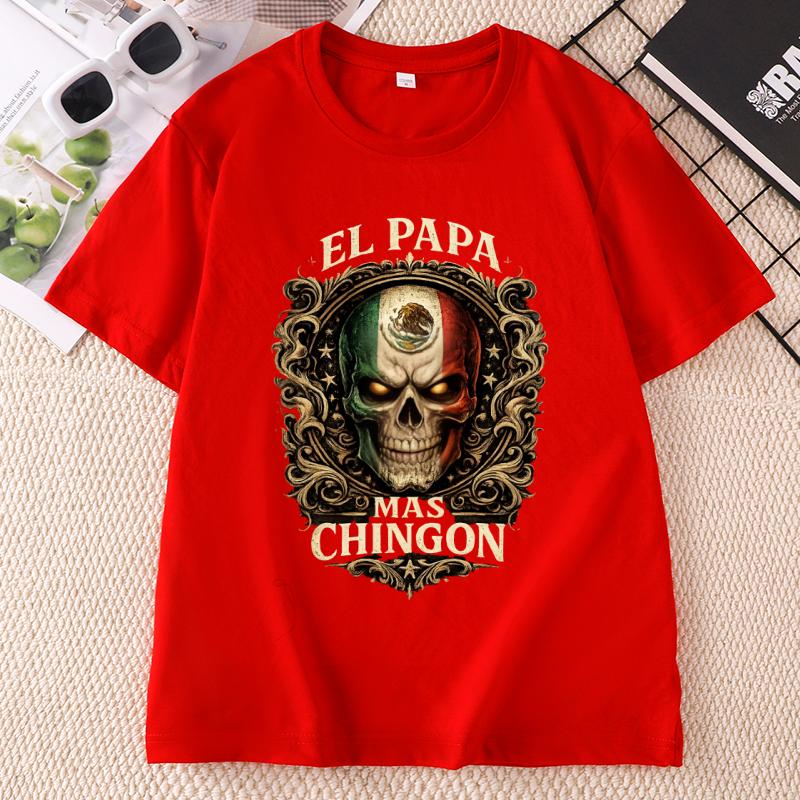 El Papa Mas Chingon Graphic T Shirts Mexican Skull Flag Design Cotton T Shirt Unisex Unisex Printed Round Neck Short Sleeve Soft