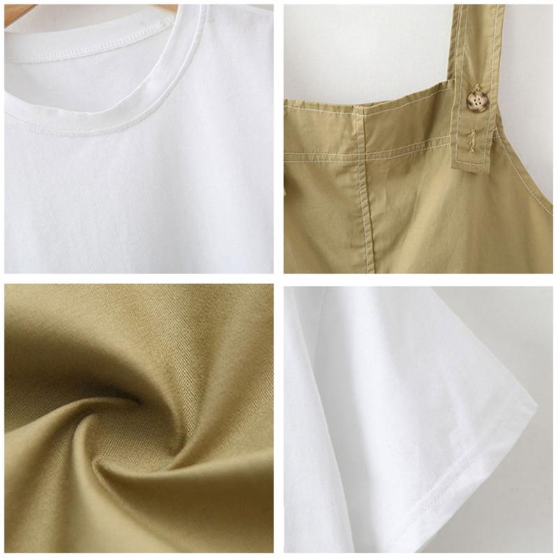 2 Pcs/set Children  Suit Cotton Solid Color Short-sleeve Top + Bib Pants Suit For 7-12 Years Old