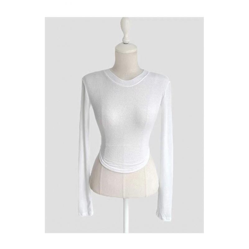 Korean Style Curve Hem Figure-Hugging Cropped Long-Sleeve T-Shirt One Size белый