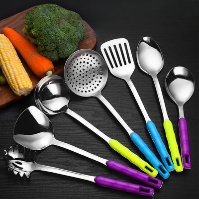Edelstahl Pfannenwender Küchenutensilien Set für Haushaltsküche Zweifarbiger Griff Wok-Pfannenwender Kochlöffel Suppenlöffel, Großer Schöpflöffel