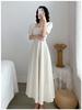 Hepburn Style Puff Sleeve White Dress: Square Collar, Slim Waist, Knee-Length, Summer Temperament