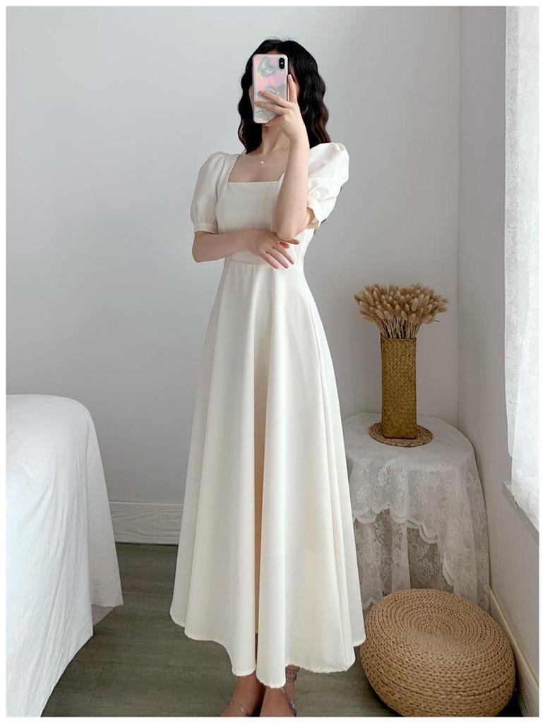 Hepburn Style Puff Sleeve White Dress: Square Collar, Slim Waist, Knee-Length, Summer Temperament