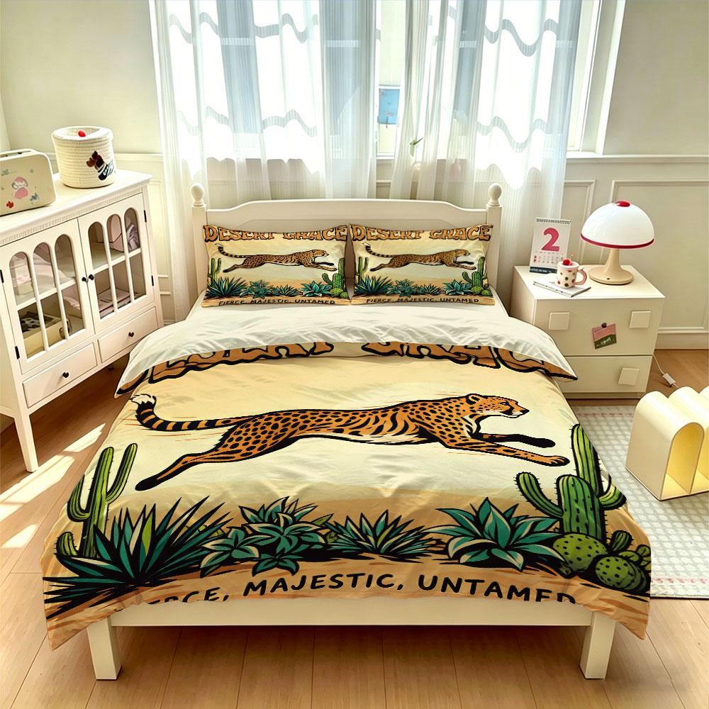 3pcs Desert Cartoon Leopard Print Multi Size Coreless Duvet Cover Set Soft Summer Cool Bedding Decoration Machine Washable