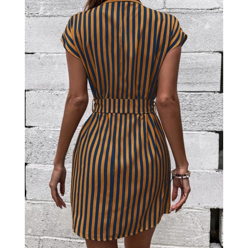 Fashion Short Sleeve Summer Striped Dress V Neck Elegant Slim Fit Elegant Short Party Dresses Casual Lace-up Sweet Street Wear Clothing