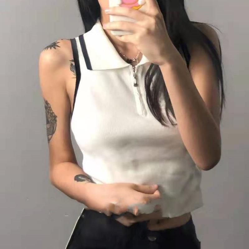 2026 Spring/Summer Women's Color Block Knit Vest with Doll Collar and Tight Elastic High Waist Cropped Design