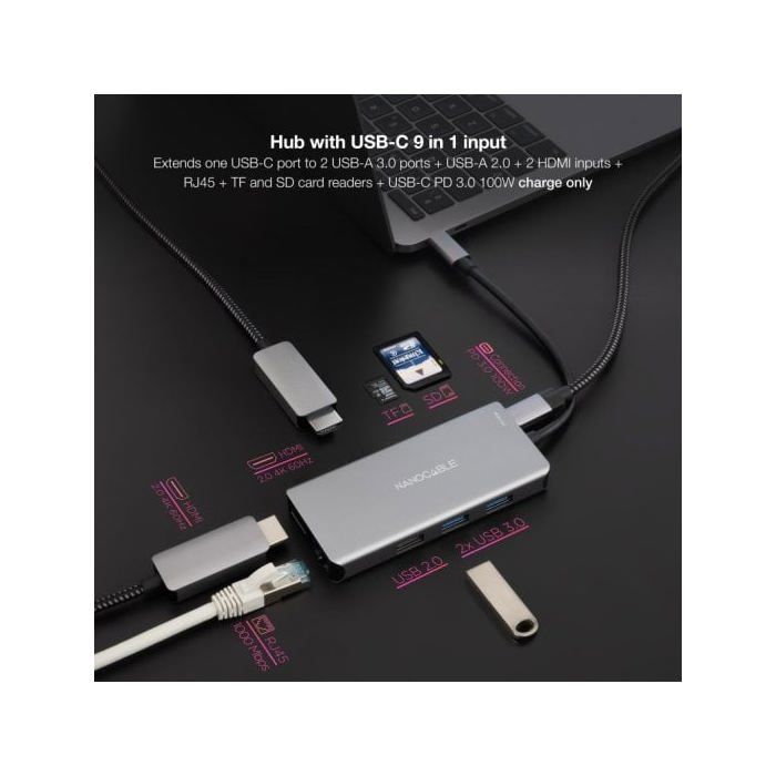 Hub USB-C - Nanofil - 16.10.1009 - 4K Ultra HD - 100W - Aluminium Gris