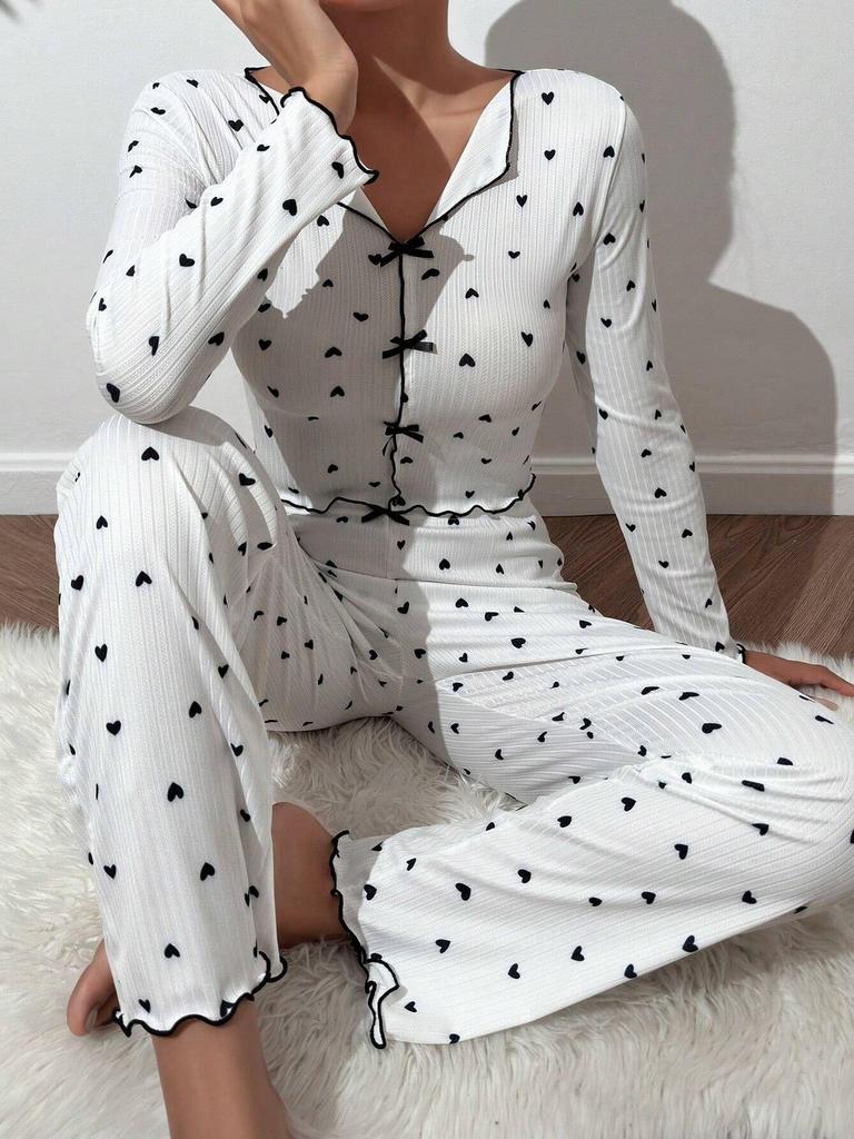 Heart Print Jacquard Long-Sleeve Pajama Set for Women