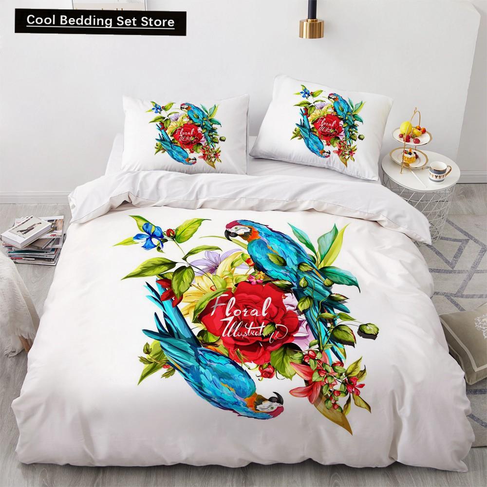 Blume Vogel Königin König Bettbezug Bunt Tropisch Floral Bettwäsche Set für Frauen Aquarell Pflanze 2/3tlg. Polyester Steppdeckenbezug