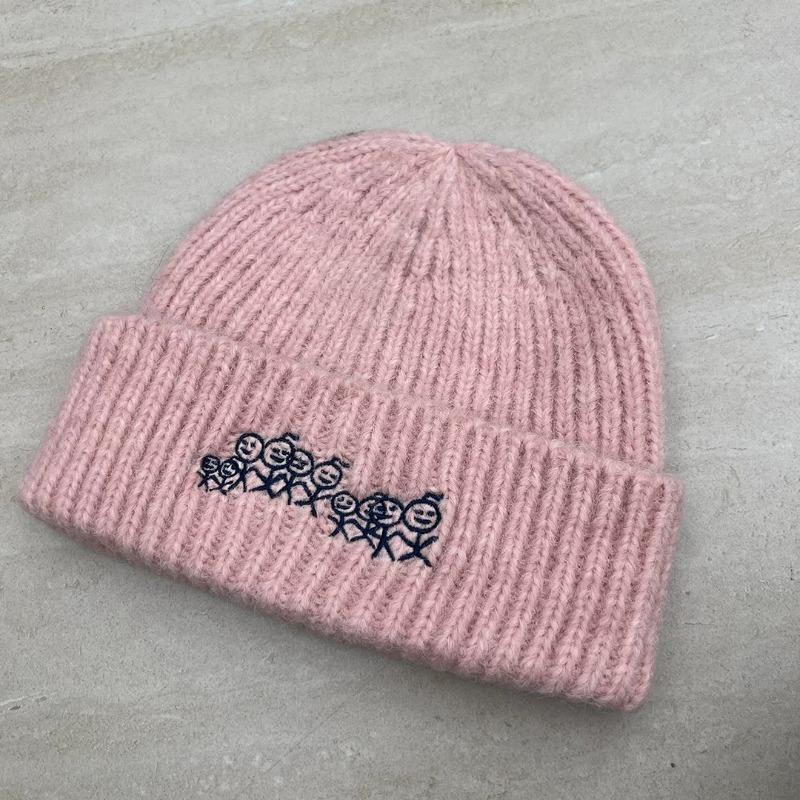 Stickman Embroidered Knit Beanie for Women, Autumn Winter Trendy Cold Hat, Slim Face, Versatile Warm Pile Wool Hat, Fits Big Head Circumference