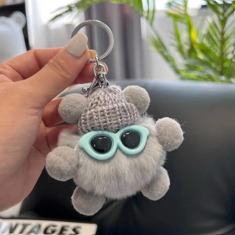 Cute Elfin Key Chains Sunglasses Elf Rabbit Hair Pendants Key Ring Accessories Woman Fashion Bag Handbag Decoration