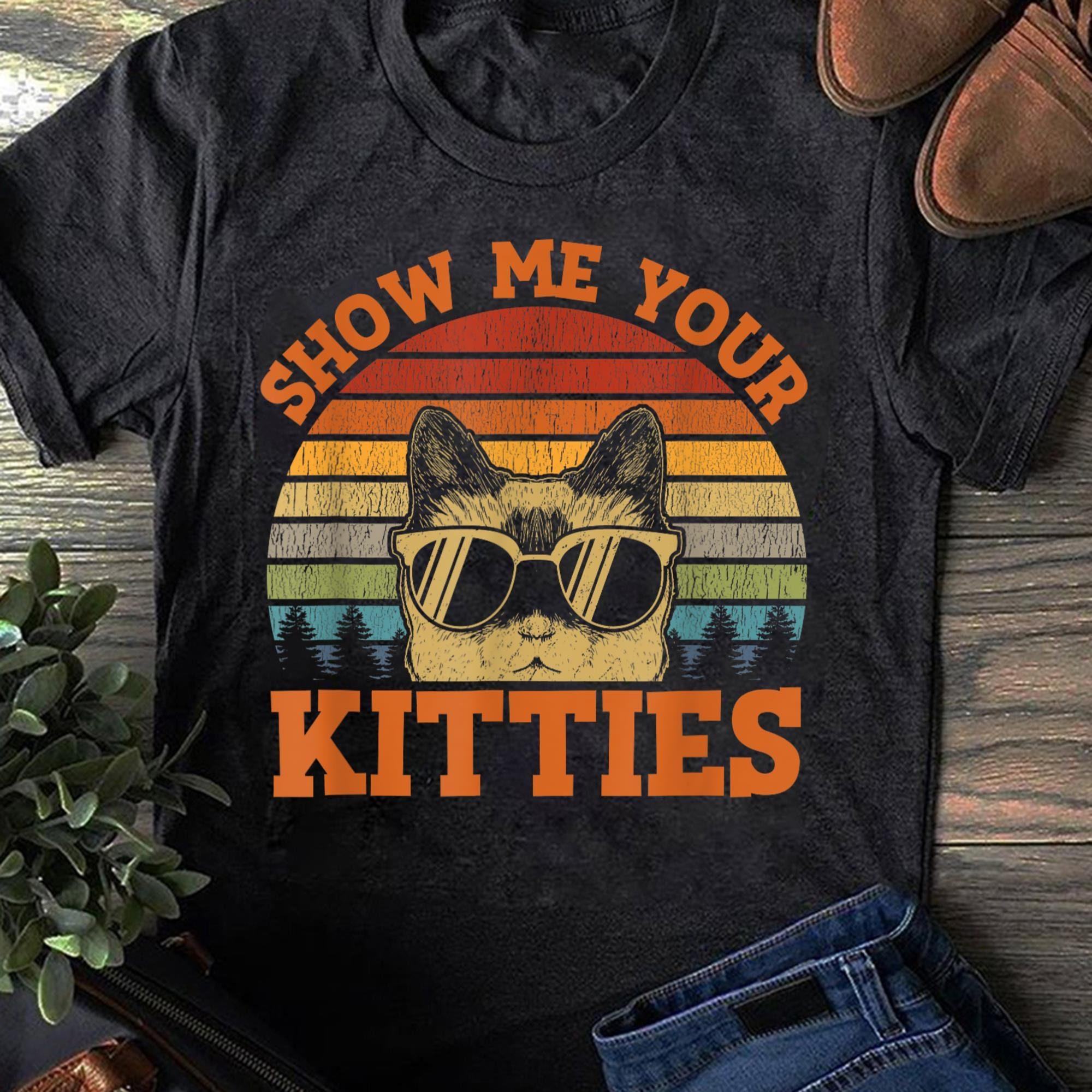 Show Me Your Kitties Women T Shirts Funny Retro Cat Lover Cotton Tees S чёрный