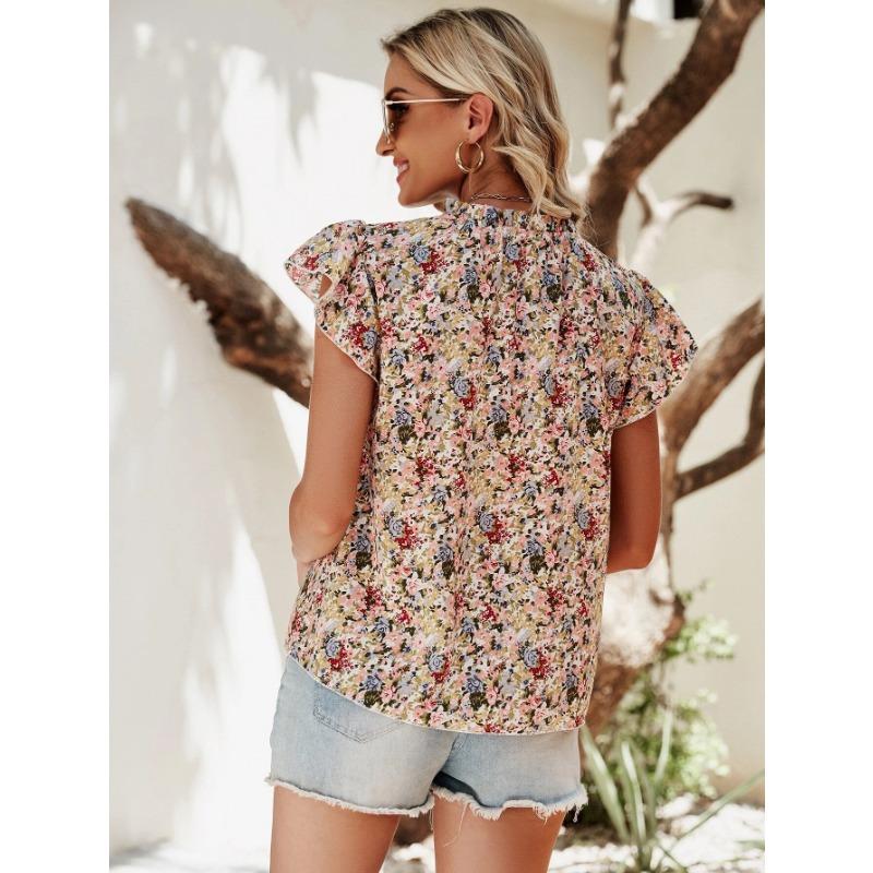 YYFS Dámská móda Ležérní Léto Jaro Květinový potisk Blůzy a košile s krátkým rukávem a výstřihem do V