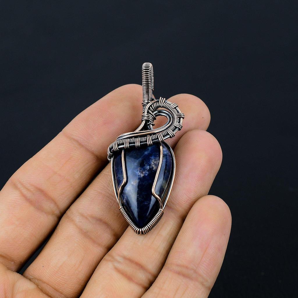 Sodalite Handmade Gemstone Pendant, 999 Copper Wire Wrapped Pendant Antique Jewelry, Pendant For Engagement Gift