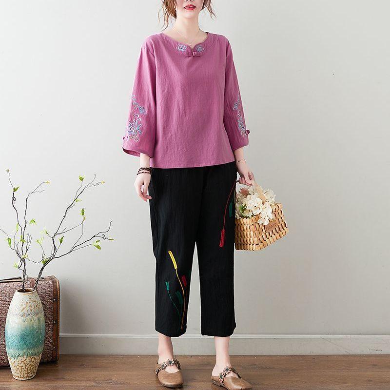 Ethnischer Stil Locker Geschnitten Übergröße Klein T-Shirt für Damen Frühling Western-Stil Frühjahrskleidung Baumwolle Leinen Herbst Dünnes Oberteil Chinesischer Stil