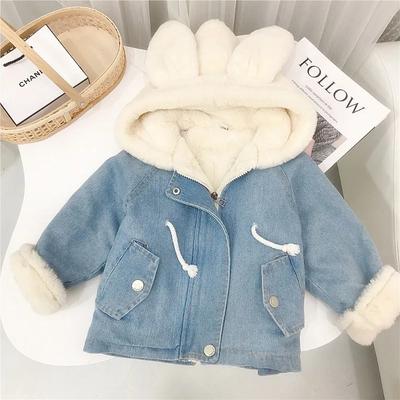Korean Children's Clothing Winter Girls Rabbit Ears Velvet Thick Denim Jacket Baby Rabbit Fur Warm Windbreaker