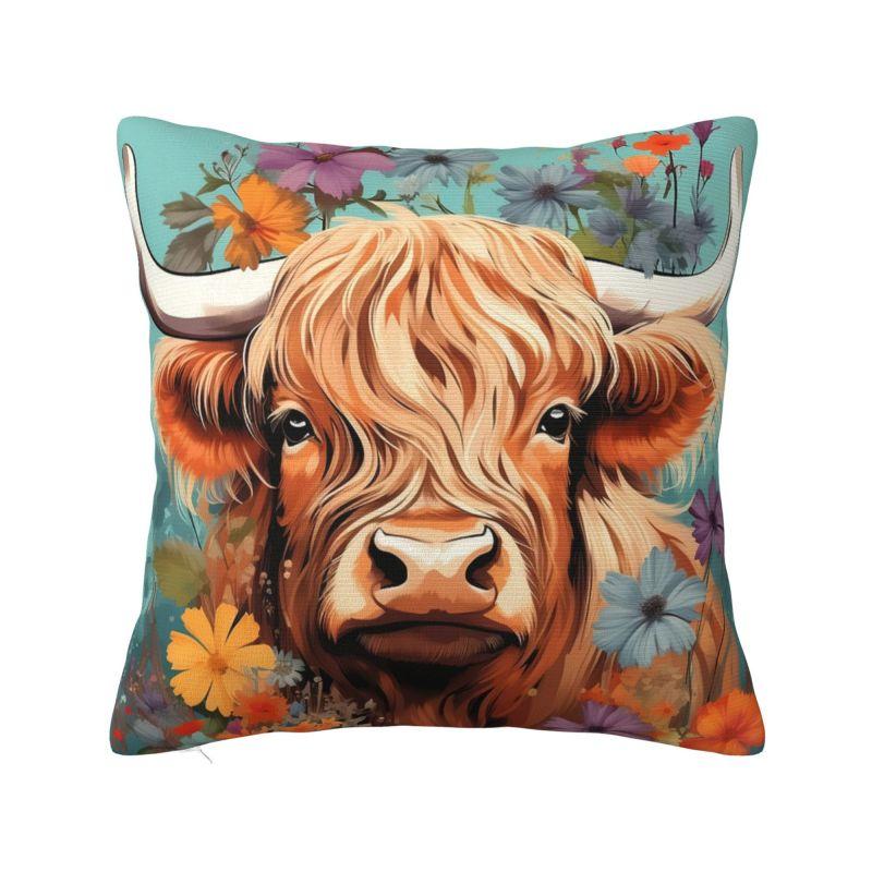 Modern Highland Cow And Flower Throw Pillow Covers Home Decor D Print Sofa Cushion Cover Polyester Soft Pillowslip Dakimakura