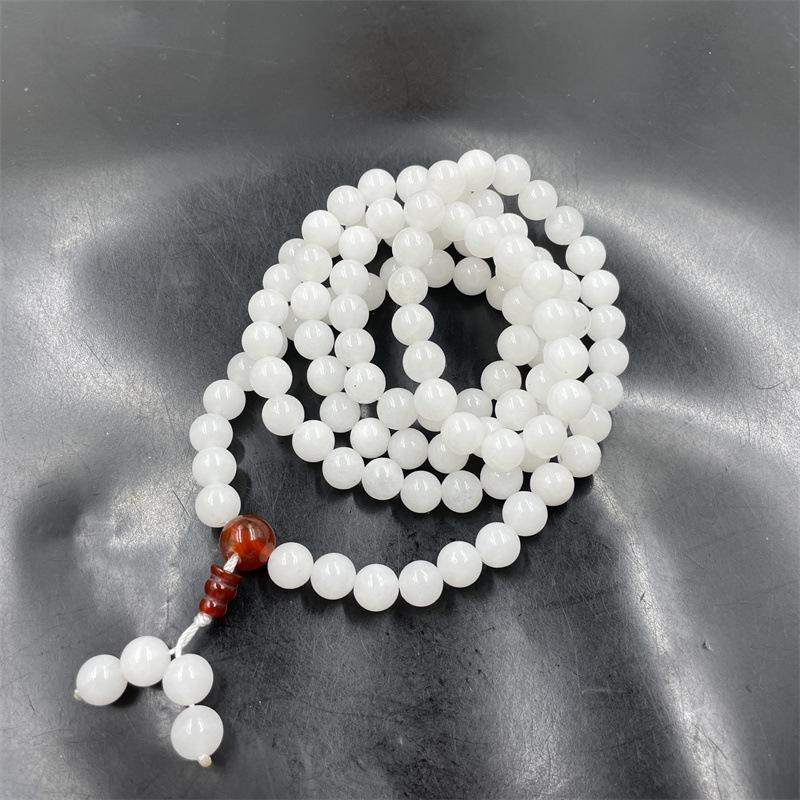8mm 108 Beads Xinjiang White Jade and Gold Thread Buddhist Rosary Necklace and Bracelet