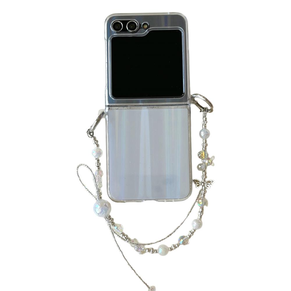 Luxury Glitter Pearl Lanyard Chain Phone Case For Samsung Galaxy Z Flip 6 5 4 3 Flip5 5G Shining Back Card Cover For ZFlip3 Flip