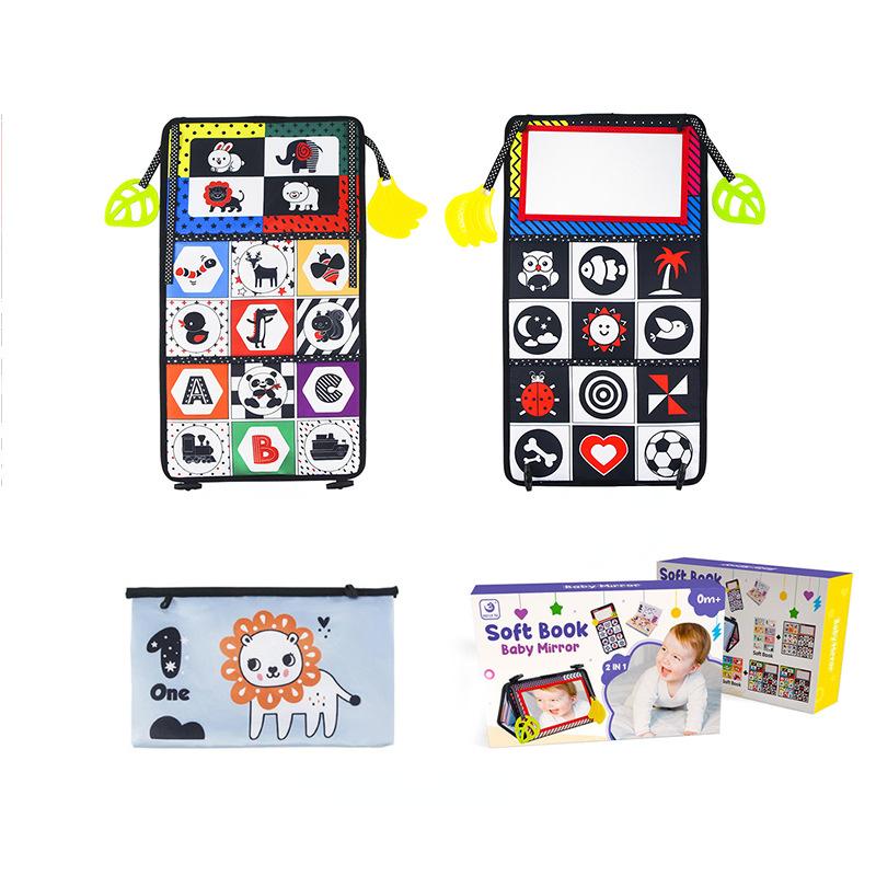 Babyspielzeug, Baby-Stoffbücher mit Spiegel, faltbarer Babyspiegel mit schwarz-weißem Kontrastmuster, Babybücher, Kinderwagenspielzeug von 0–12 Monaten, Geschenk für Jungen und Mädchen