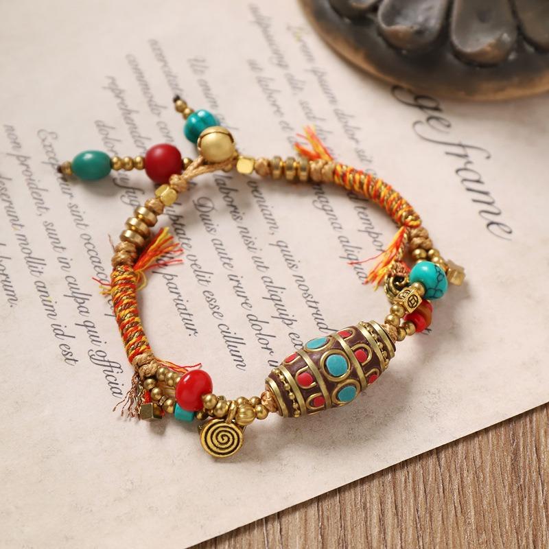 

Tibetan style retro woven bracelet Nepalese copper bead exotic hand rope niche design bracelet accessories women